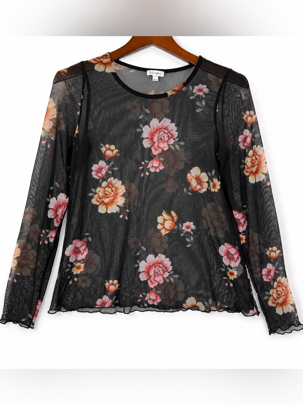 Love, Fire Floral Sheer Mesh Long Sleeve Top Black Lettuce Trim S